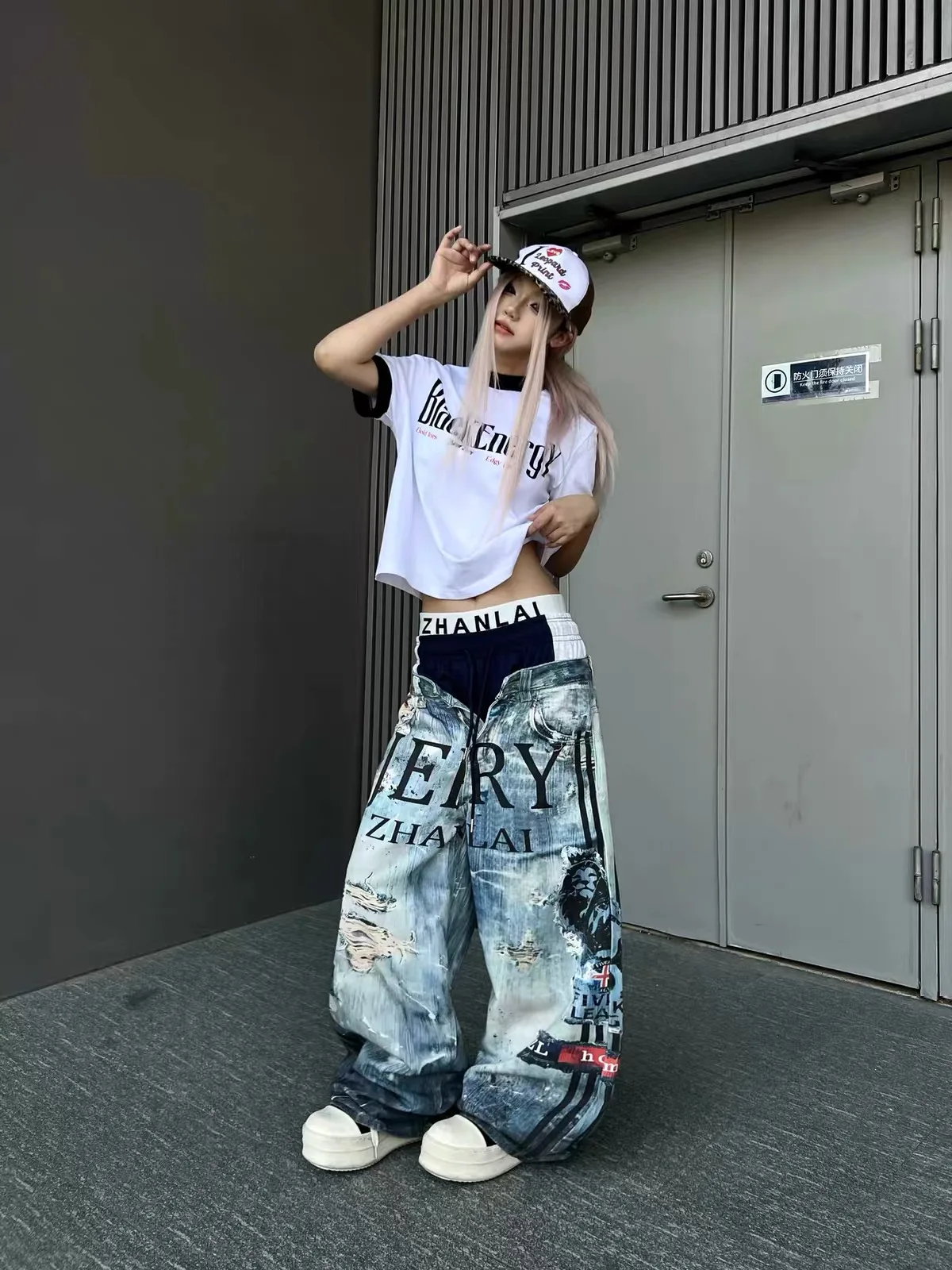 3D Digital Print Loose Fit High Waist Denim Jeans Street Dance Style Three Waist Head Casual Lazy Dragging Pants