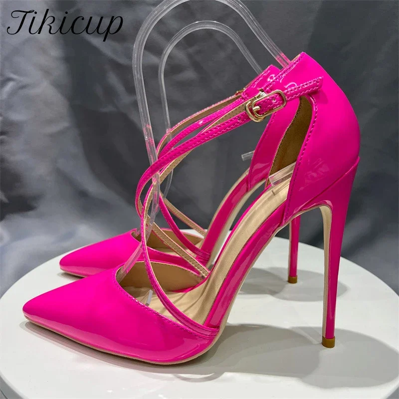 Tikicup Sexy Glossy Rose Women Cross Strap Pointy Toe High Heel Shoes Wedding Dress Elegant Shallow Stiletto Pumps Plus Size 46