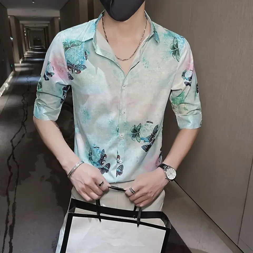 

Синие рубашки для мужчин Желтый цветочный принт с коротким рукавом из шелка Fashion 2025 Новинка в обычном стиле Slim Fit Дизайнерская распродажа Топы Хлопковая мужская рубашка