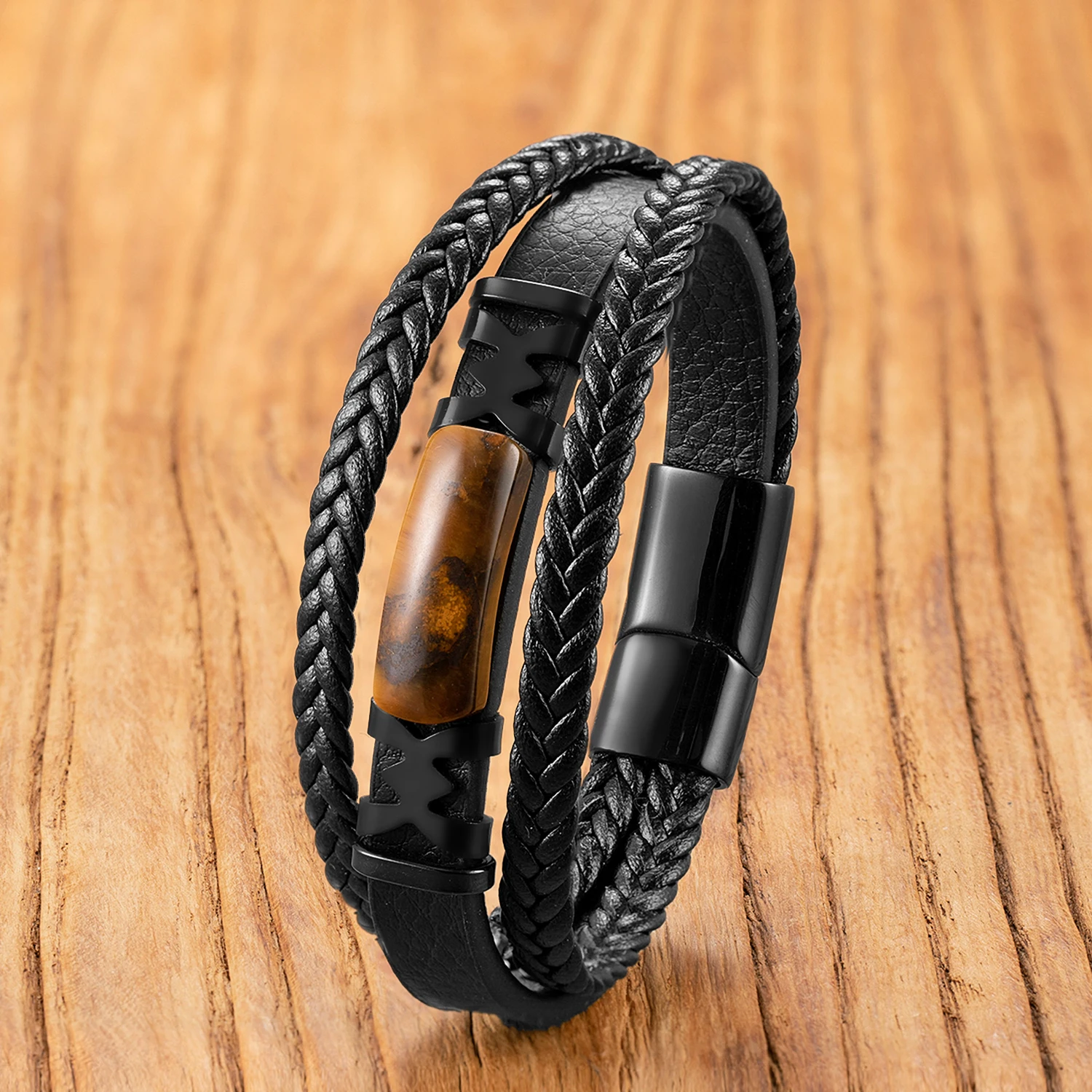 Natural Tiger Eye Stone Stainless Steel Bracelet for Men - 2024 Biker Jewelry Edgy Masculine Gift for Him