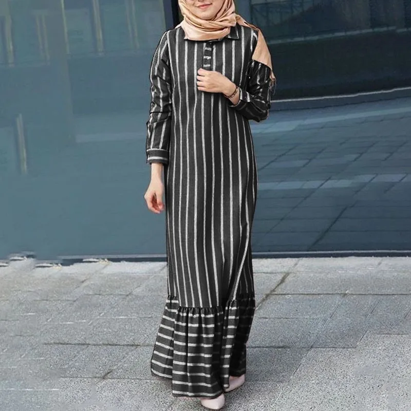 

2025 New Muslim Ramadan Prayer Suit Casual Long-sleeved Striped Lapel Robe Women's Long Dress for Europe and America