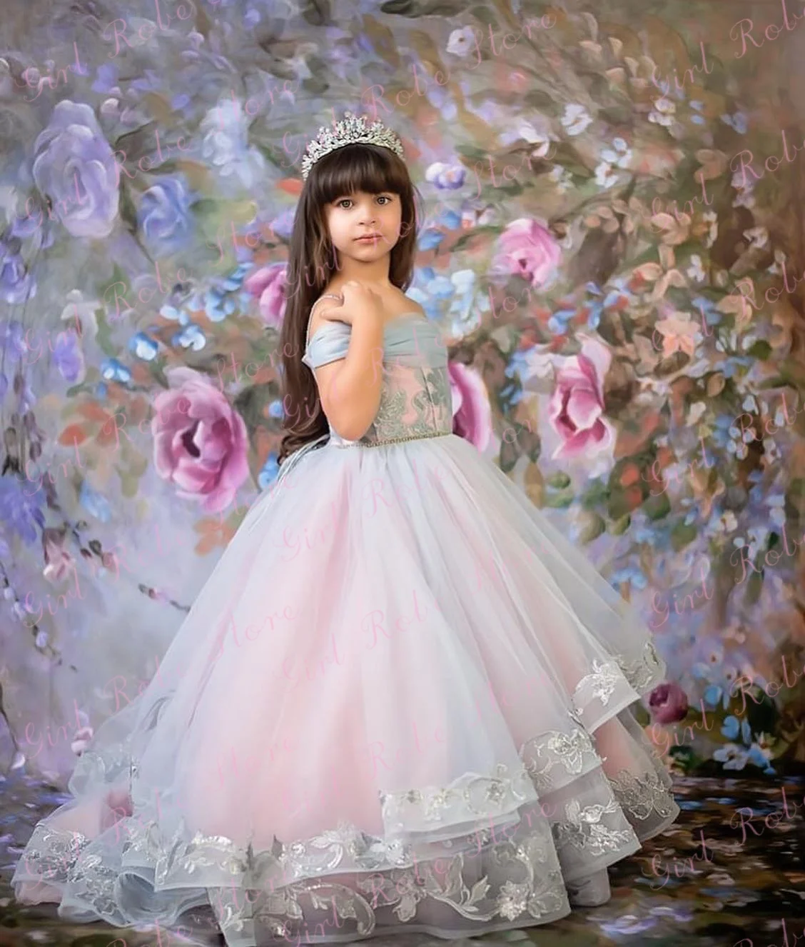 Elegant Princess Flower Girl Dress For Wedding Appliques Floor Length Off Shoulder Little Girl Birthday Quinceanera Ball Gown