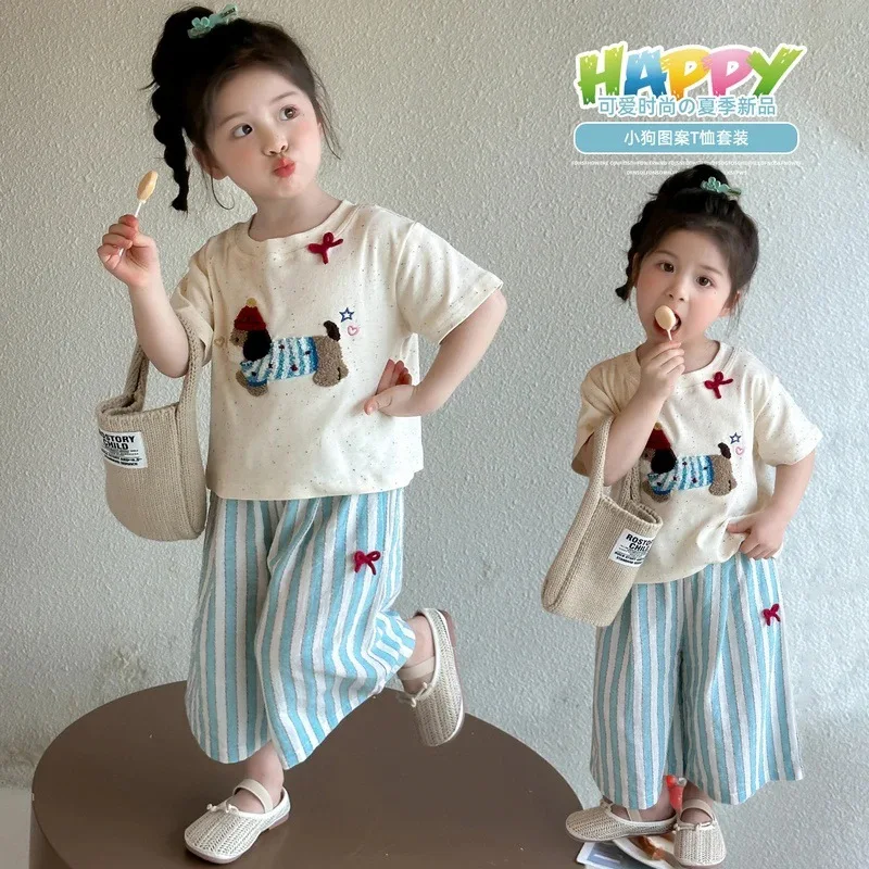 2026 Fashion Girls Baby Summer Clothing Sets Cute DogTops Shirts+stiped Pants,Kids Children Birthday Casual Clothes Conjuntos 3