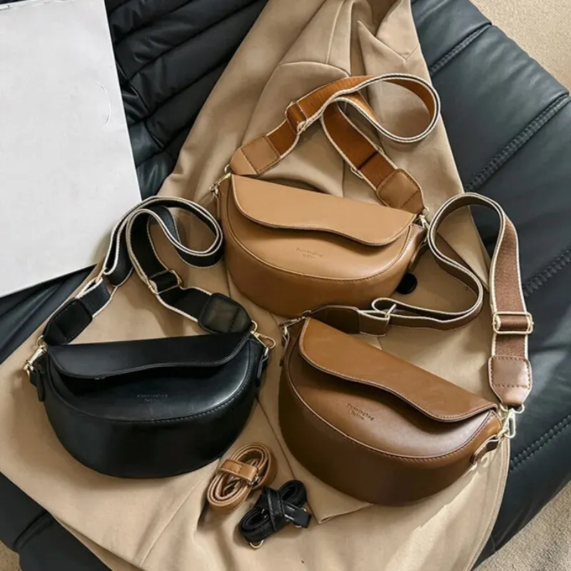 Women Vintage Solid Color Flap Small Saddle Shoulder Underarm Bag Fashion PU Leather Wide Strap Crossbody Bag