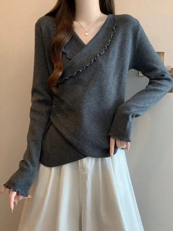 

Женский вязаный свитер больших размеров с V-образным вырезом и длинными рукавами, асимметричный, утягивающий, базовый слой, с завышенной талией, в французском стиле