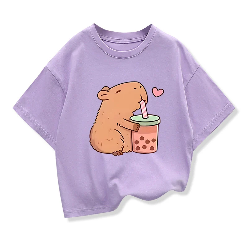 Purple Kids Pure Cotton T-shirt  Cute Capybara Avocado Print Short Sleeve Cartoon Animal Tee Unisex Boys Girls Soft Summer Tops