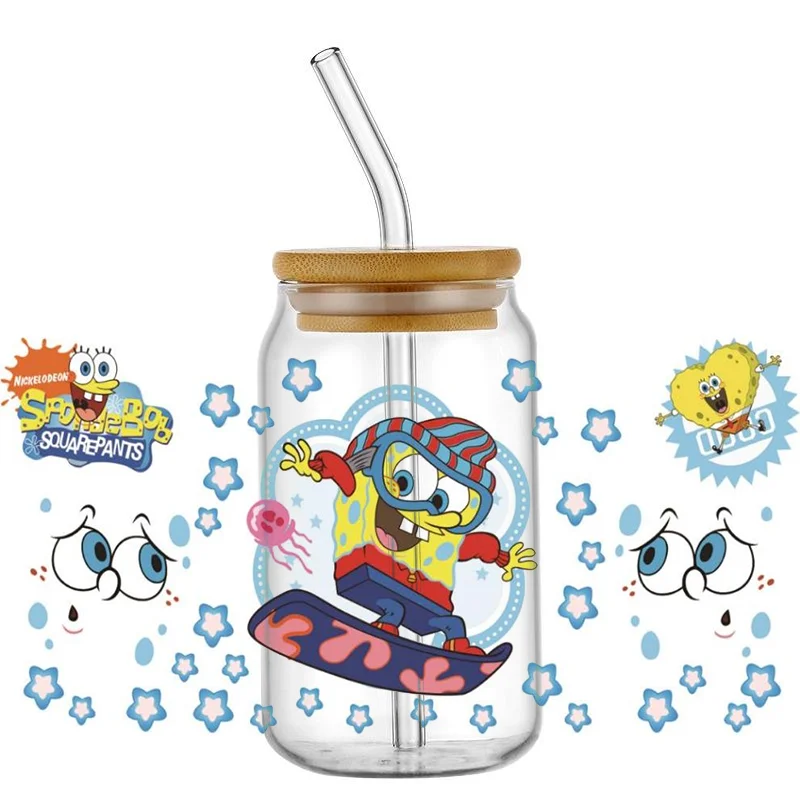 Miniso-pegatina de Bob Esponja para taza de dibujos animados 3D, pegatinas impermeables UV DTF Libby, pegatina de transferencia de envoltura, etiqueta personalizada, autoadhesiva con logotipo DIY