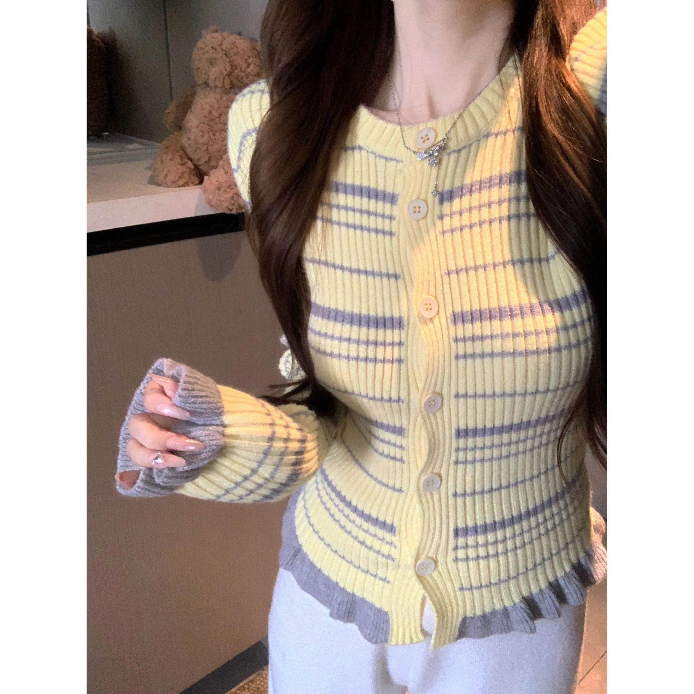 Koreanische Sle Splice Spitze runde Ne Lange Sve frauen Strickwaren Slim Fit Winter Neue Farbe Blo Gestreiften Schlankheits Top