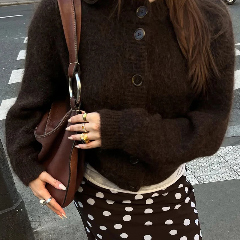 

Осень-зима женский кардиган шерстяной свитер новый ретро однотонный круглый вырез с длинными рукавами свободный повседневный универсальный топ ropa mujer