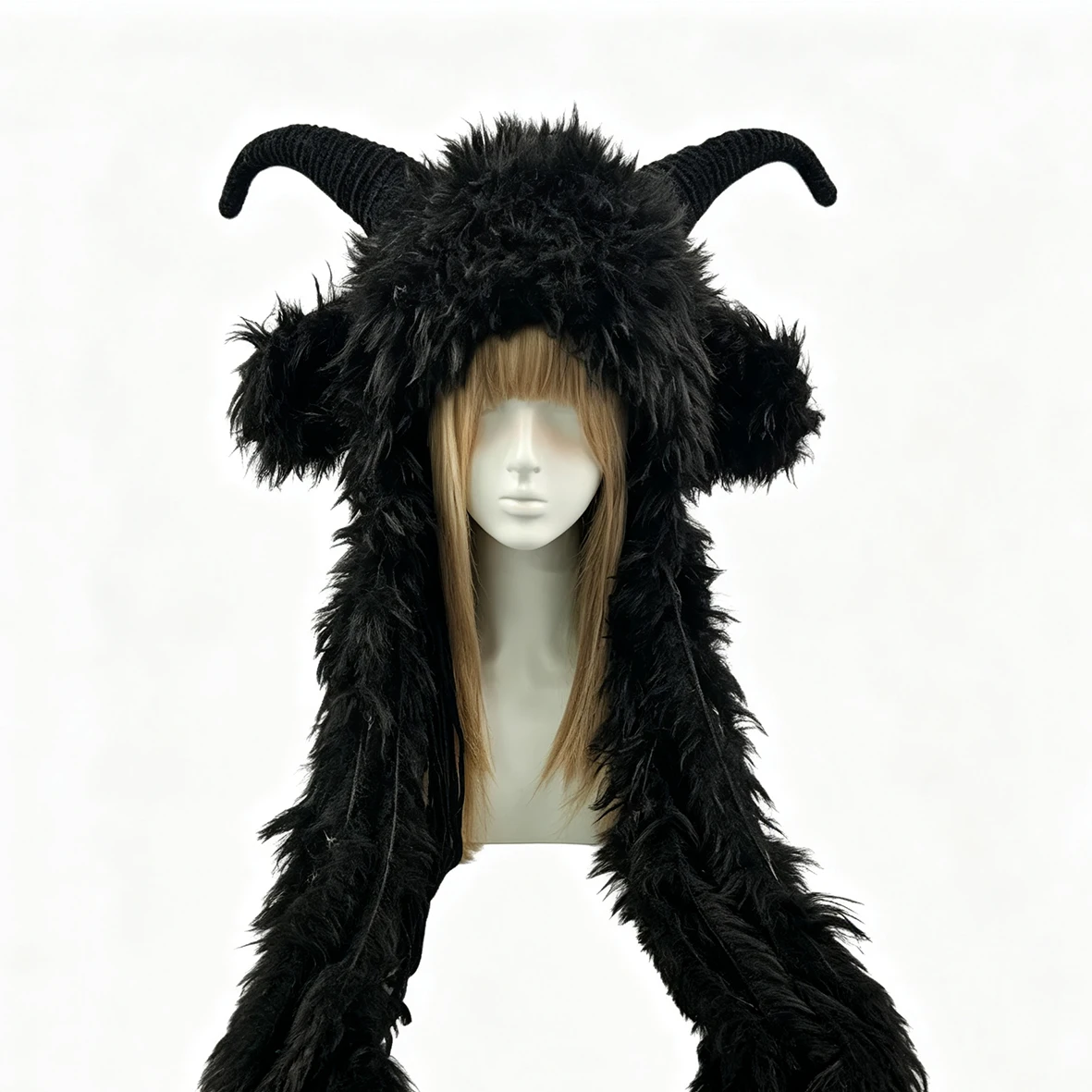 Handmade Black Wild Goat Horn Crochet Hat Men Fuzzy Knit Winter Warm Beanie Women Plush Dark Gothic Viking Cosplay Hood Custom