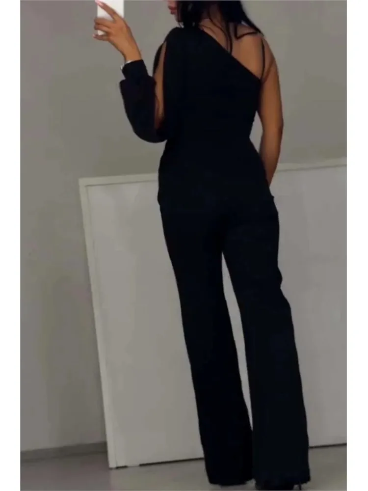 Autumn Winter Women\'s Fashion Sexy With Slanted Shoulders And High Slits Jumpsuits Office Lady Long Sleeve Party Black Jumpsuit