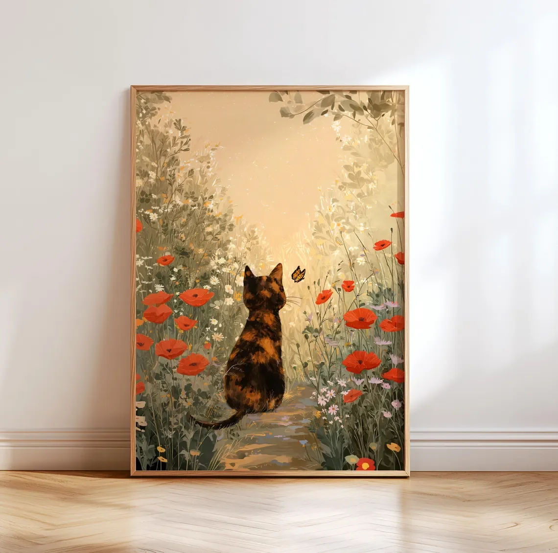 Arte de pared con diseño de gato tortie fantasioso en un campo de pastoreo, póster de un prado primaveral acogedor, impresión