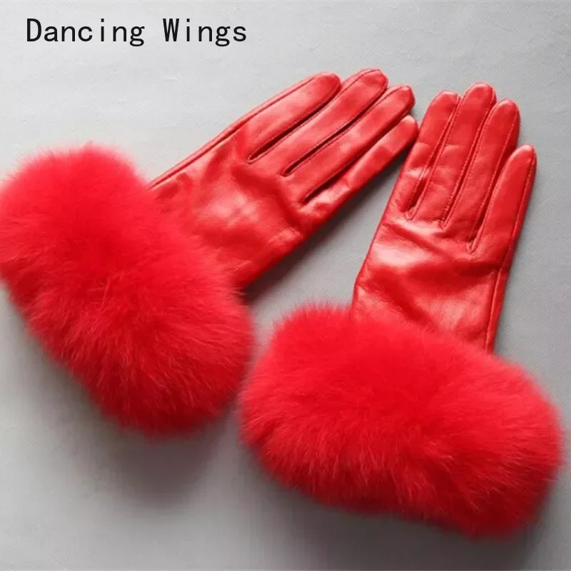 

Women's Genuine Leather Glove Winter Warm Real Sheepskin & Fox Fur Gloves Fashion Style Natural Fluffy Fox Fur