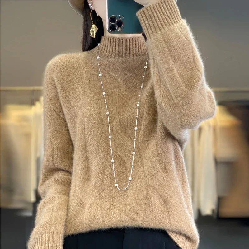 

Autumn Winter Women Sweater Mock Neck Turtleneck Knitwear Long Sleeve Embroidery Half height collar Pullover Top Female clothing