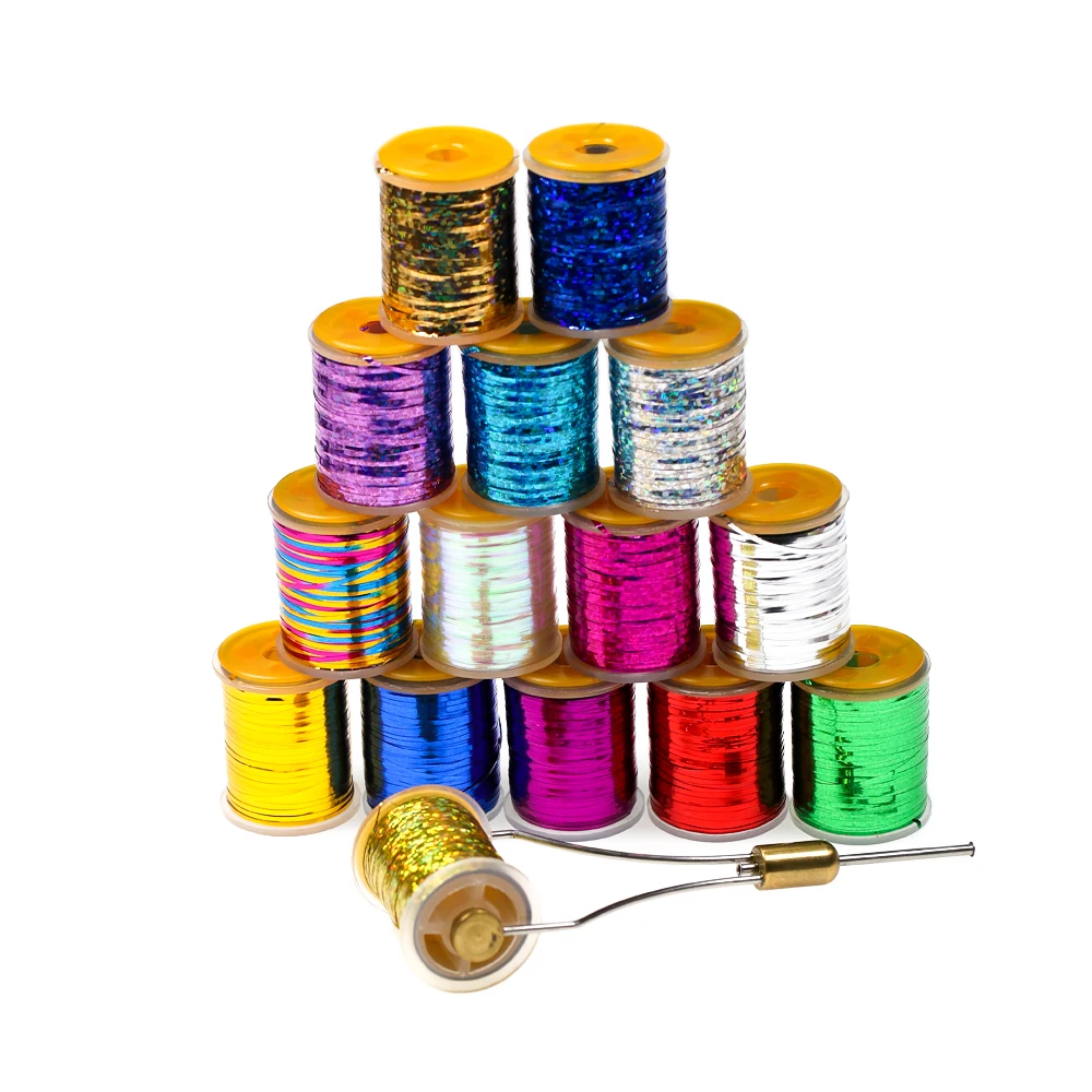 2PCS  0.3mm/1mm Holographic Tinsel Fly Tying Flat Mylar Tinsel Flash Tape Material for Buzzer, Midges,Streamer Flashback Nymphs