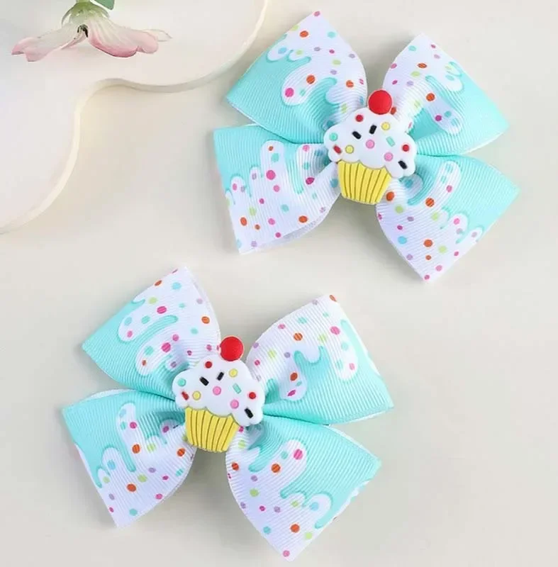 ncmama 2Pcs/set Grosgrain Ribbon Hair Bows Clips For Baby Girls Dessert Hairpin Barrettes Children Headdress Kids Headwear Gifts