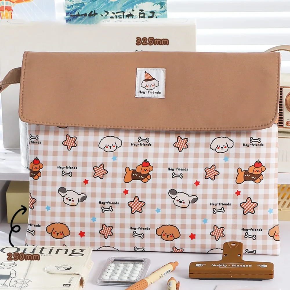 

Portable Plaid Puppy A4 File Folder Snap Button Washable File Bag Large Capacity Handheld Document Folder Students