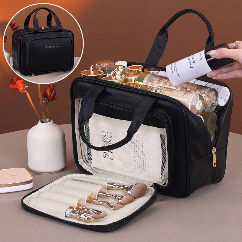 PU Leather Women Travel Storage Bag Toiletry Organizer Pouch Ladies Large Capacity Cosmetic Bag Portable Zipper Make Up Handbags