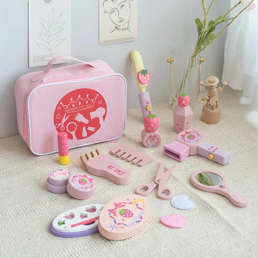 

Wooden Pink Makeup Bag Toy Set for Girls' Pretend Play. Ideal princess - themed makeup gift for kids.