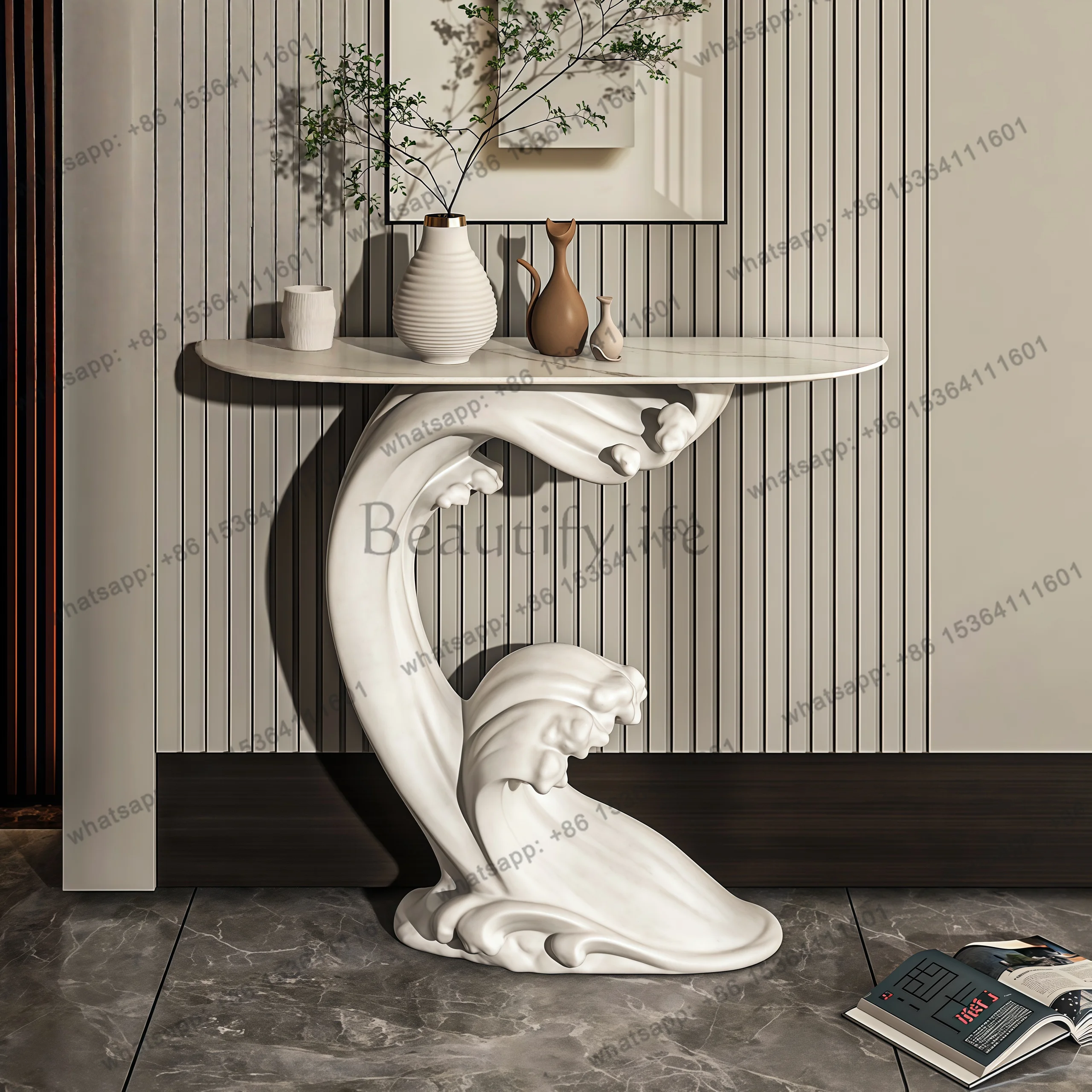 Italian light luxury high-end i-style cream French entrance door semi-round entrance table