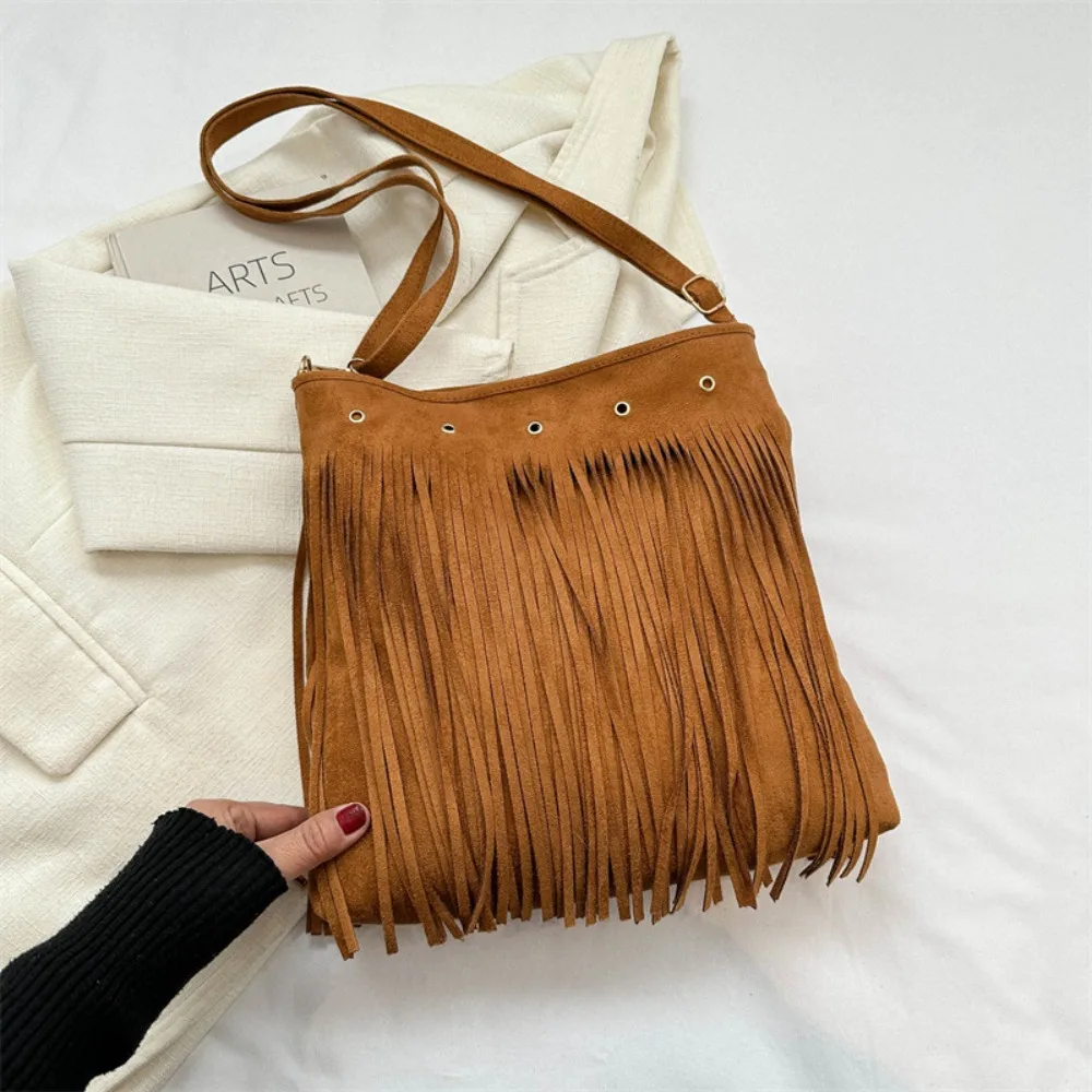 PU Fringed Leather Shoulder Bag New with Tassels Solid Color Solid Color Shoulder Bag Crossbody Bag