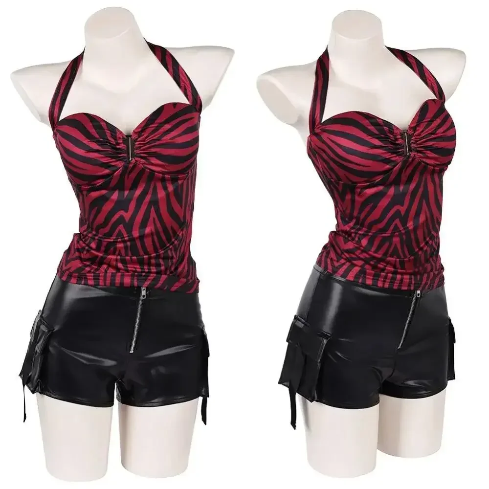 Halloween Carnival Couple Cosplay Outfit Nikki Bear Costume, Green Stripe Shirt & Red Zebra Print Halter Top Shorts for Theme Pa