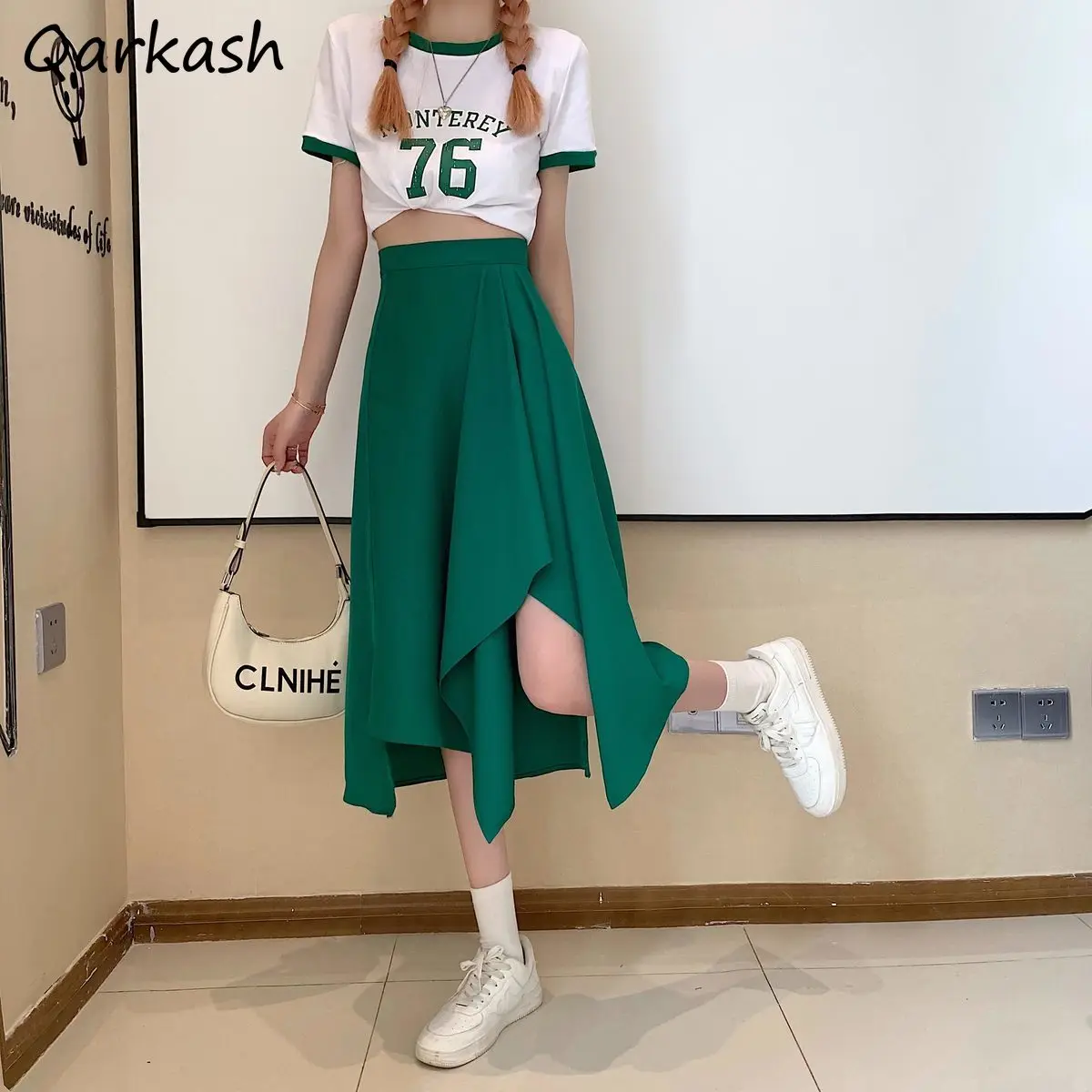 

Skirts Women Empire Mid-calf Irregular Design Ulzzang Pure Color Fashion Summer Leisure All-match Students Ins Bottom Cool Party