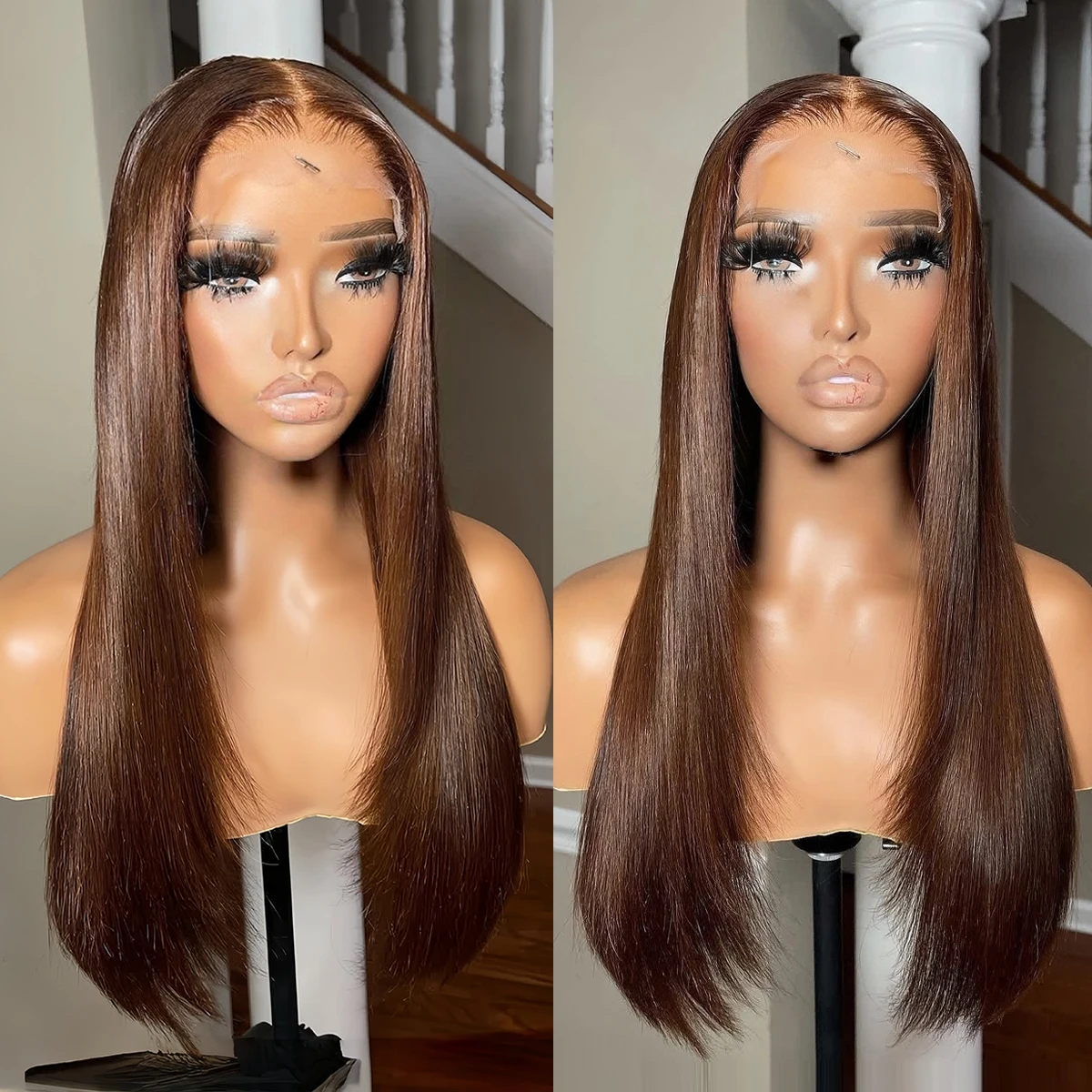 

Brown Lace Front Wig 13x4 Layered Cut Natural Straight Synthetic Hair Wig for Women Daily Use Party Wig Heat Resistant Fiber
