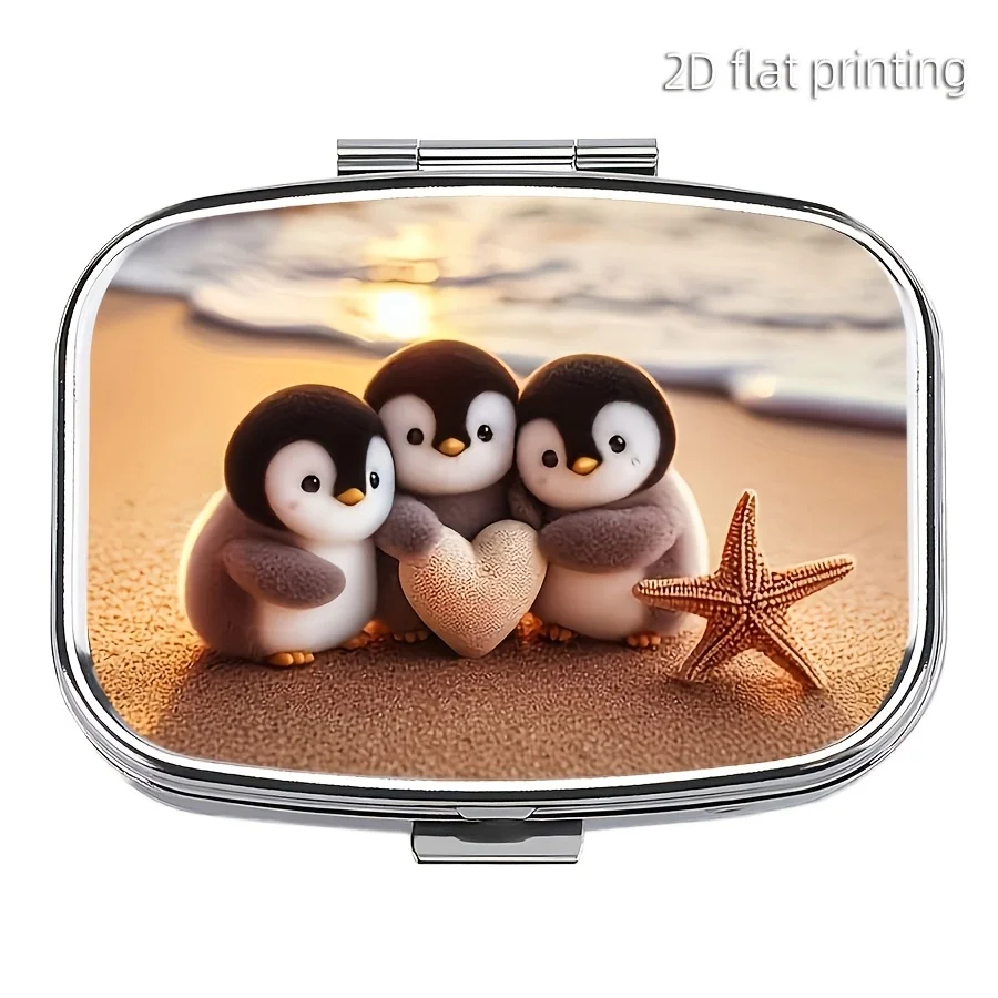 1 Heart-Shaped Penguin Pattern 2-Compartment Pill Organizer, Portable Family Medicine Storage Box, Wallet Travel Unique Gift