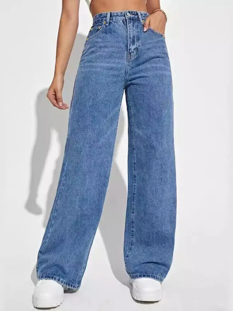 Jeans a gamba larga a vita alta Jeans da donna a gamba dritta Casual Sle jeans a vita alta elasticizzati a metà per ragazze Stagione primaverile Vestibilità ampia