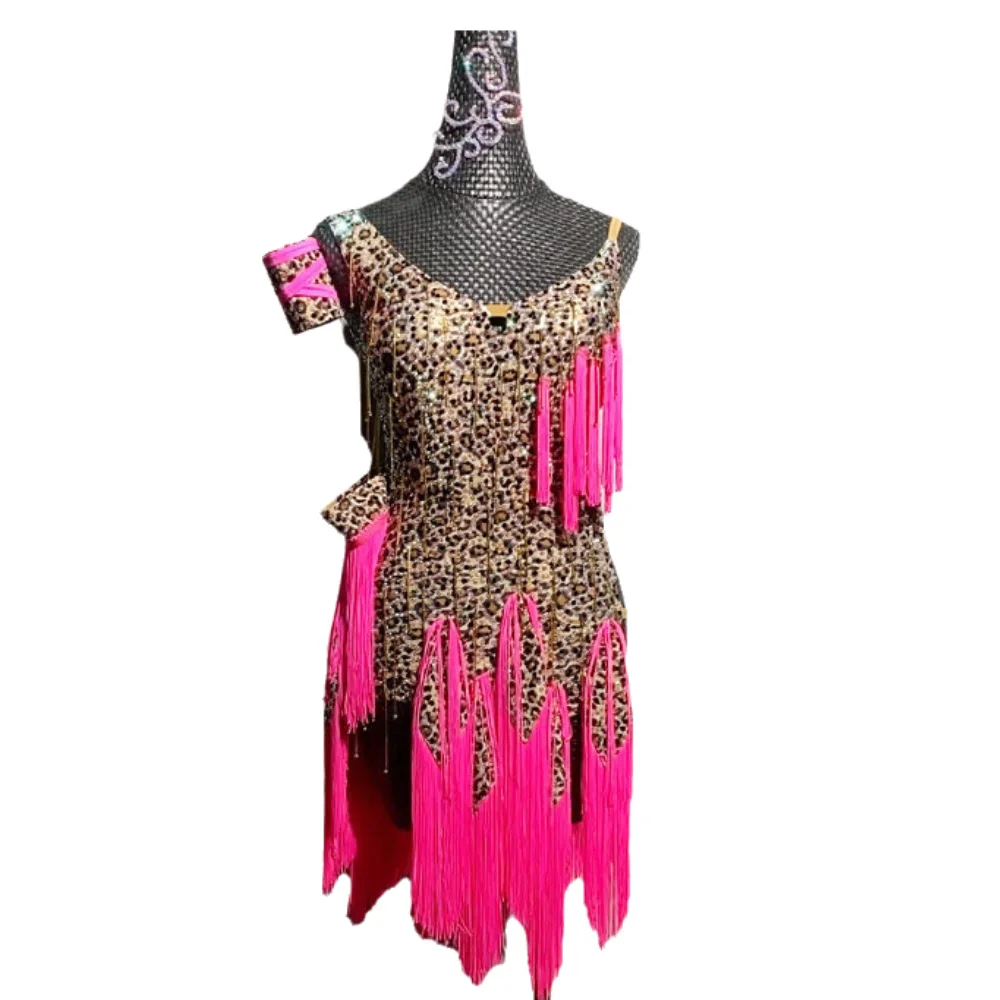 Latin Dance Adult Children AB Stone Dress High-End Custom Leopard Print Small Fringe Dress Precisely Tango Women'S Clothing