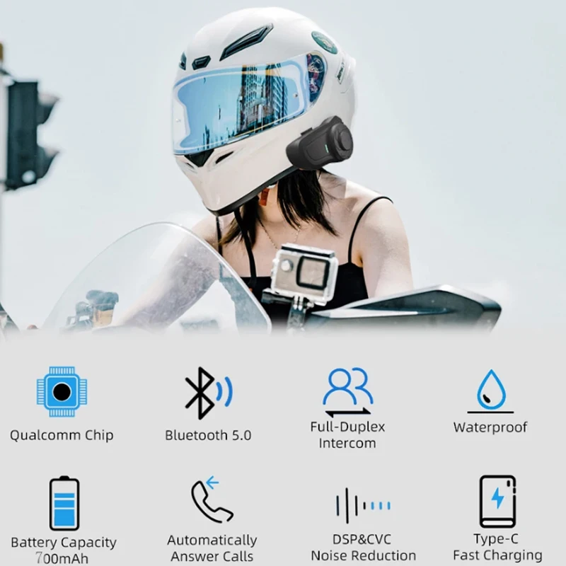 خوذة دراجة نارية بلوتوث إنترفون 2 راكبين 800 متر يتحدث سماعة BT5.1 FM IP65