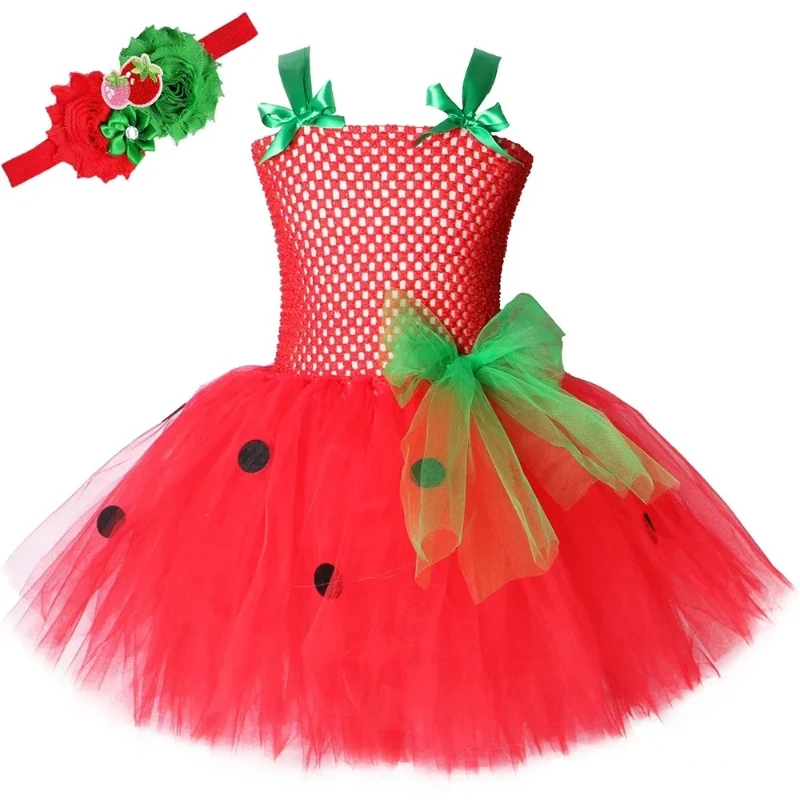 Strawberry Ladybug Stage Tutu Dress Kids Cute Fruit Theme Party Outfit with Matching Strawberry Ear Headband Toddler Costume