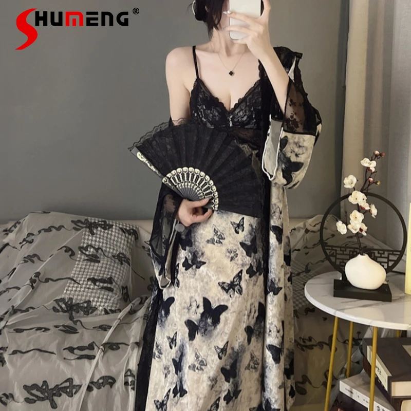 

Velvet Pajamas Set for Women Autumn Winter Sexy Strap Nightdress and Robe Suits Female Pure Desire Gown Set with Chest Pads