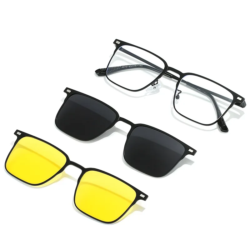 VAKA Fashion Square Metal Frame 3 in 1 Magnet Clip On Glasses Polarized Sunglasses Man Night Vision Clip Anti Blue Light Glasses