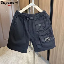 Supzoom New Arrival Top Fashion Summer Loose Casual Belt Design High Street Trendy grid Stitching Pocket Personalized Shorts Men