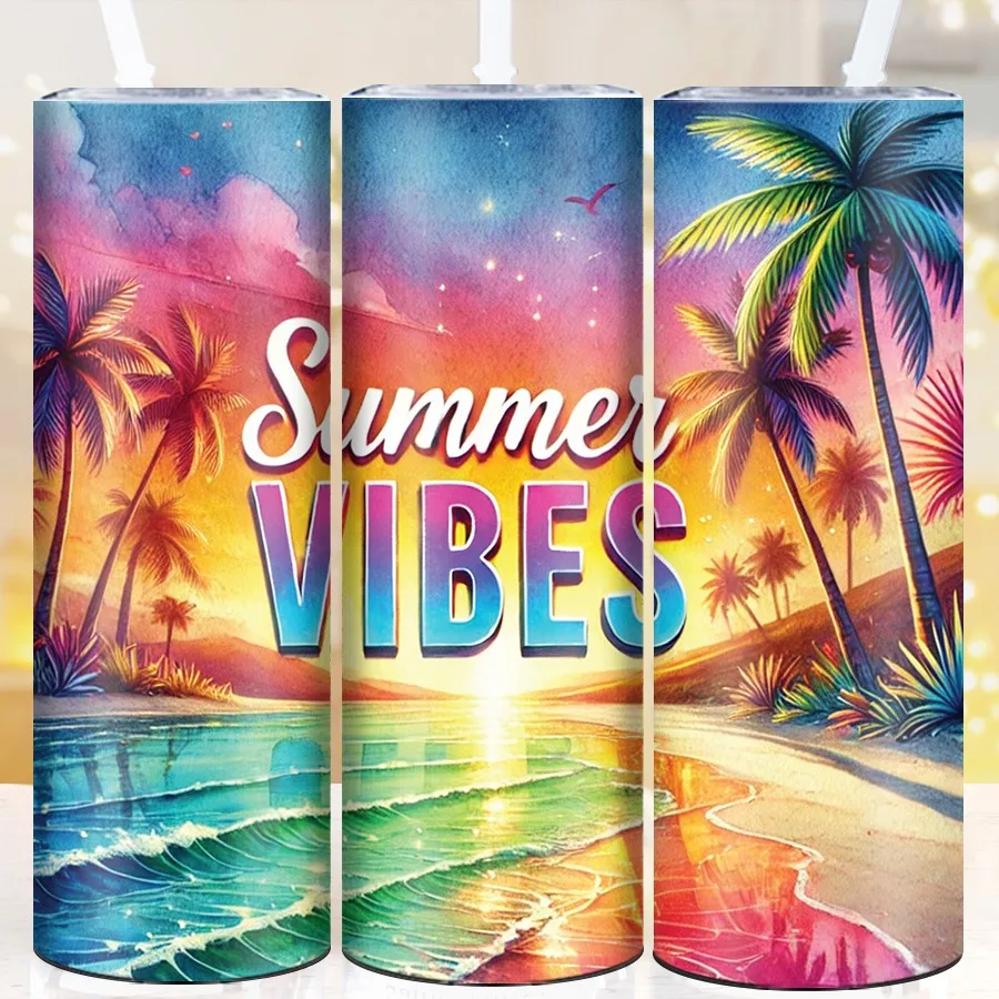 20oz Hot Cold Water Tumbler Insulated Travel Mugs Straw Lid 1Pc Print Summer Vibes Seaside Sunset Beach Outdoor Travel Cups