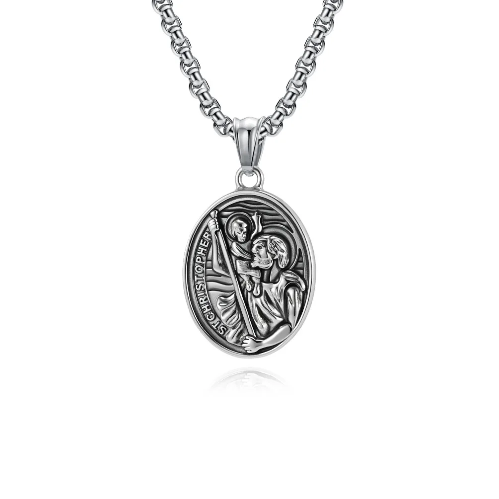Vintage Punk Saint Christopher Stainless Steel Necklace for Men Gold Plated Jewelry