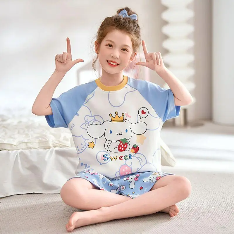 Sanrio Cinnamoroll Piyama Setelan Katun Murni Musim Panas Kaus Anak Perempuan Celana Pendek Nyaman Santai Kartun Kawaii Anime Pakaian Gaya Baru