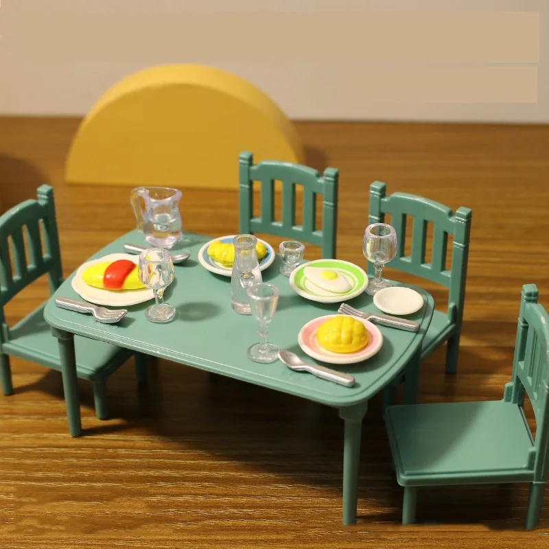 Forest Family Mini Dining Table Furniture Miniture Acessories Breakfast Wine Cup DIY DollHouse Kitchen Model Decoration For Kids