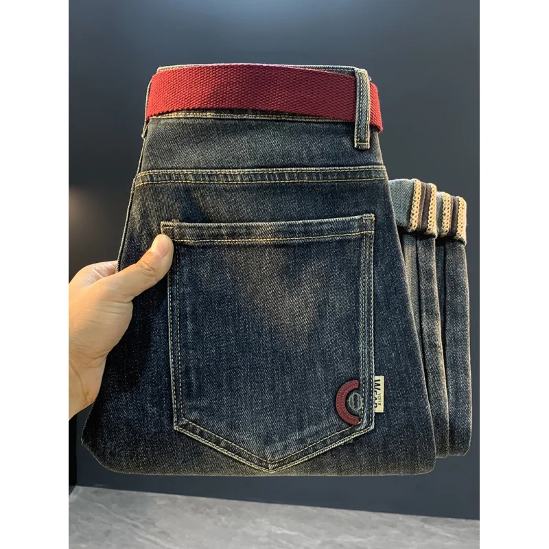 Осень 202, модные брендовые конические джинсы с вышивкой, мужские модные универсальные облегающие повседневные брюки с небольшой ногой