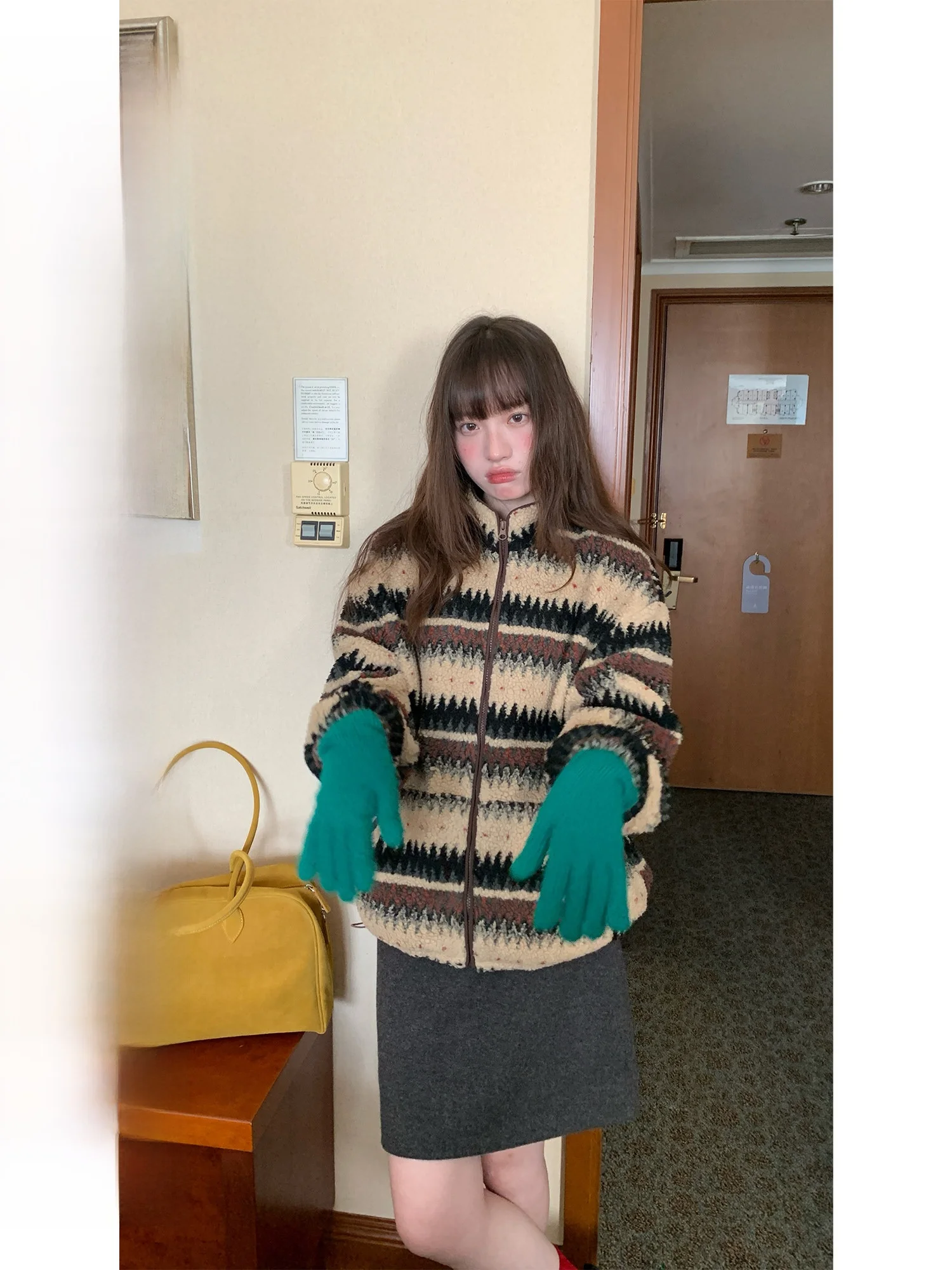 

Куртка женская RAINY в корейском стиле, с художественным воротником-стойкой, свободного кроя, с узором Fair Isle, из овечьей шерсти, осенне-зимняя, ретро, на молнии