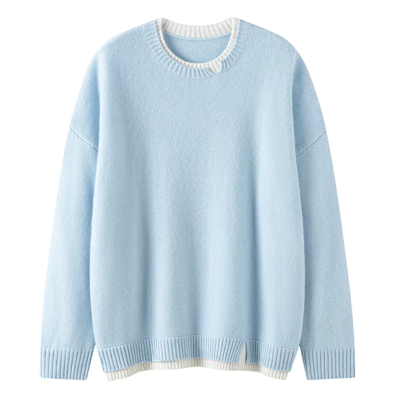 

Winter Thicken 100% Cashmere Sweater Women O-Neck Fake Two-Piece Knitted Pullovers High-End Loose Large Size Tops Cashmere Shirt