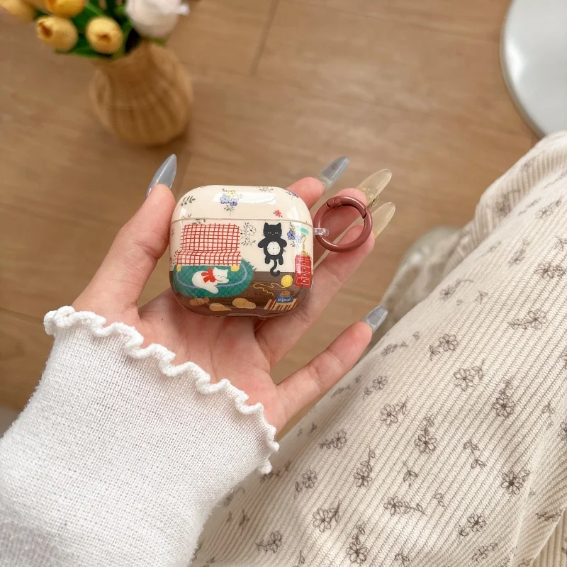 حافظة غطاء سماعة أذن بنمط قطة سوداء مع خطاف لسلسلة Airpods، 1، 2، 3، 4، Pro، Pro2، مضاد للسقوط