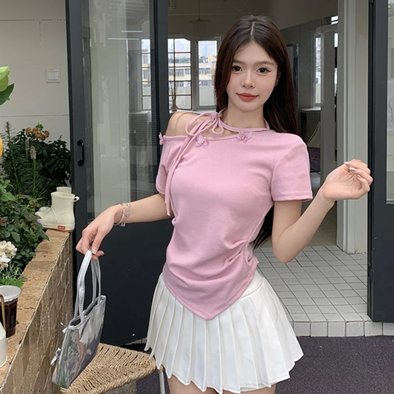 Women's Short-sleeved Waist Tops Summer Butterfly Decoration Off-shoulder Women's Pullover Round Neck Sweater