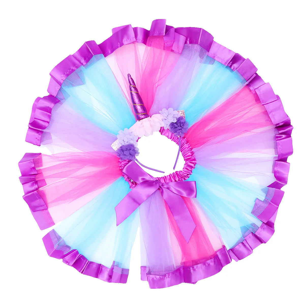 زي يونيكورن للفتيات طقم تنورة قوس قزح أرجواني للأطفال متعدد الطبقات فستان توتو شبكي بخصر مطاطي وحزام قابل للتعديل