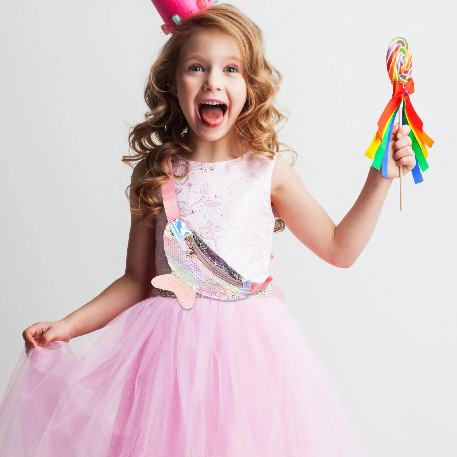 Bolsa de cintura brilhante com cauda de peixe rosa para mulheres, bolsa crossbody multifuncional leve, alça ajustável, caminhada, corrida, ciclismo, cachorro