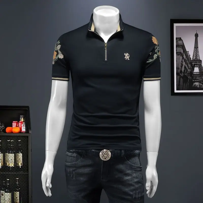 Mens Stylish Fashion Embroidered Half Zip Stand Collar Polo Shirt Short Sleeve Unique Casual Summer Tee Newest Design Top
