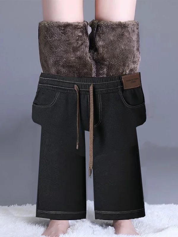 High Waist Fleece Lined Thickened Denim Style Pants Women Autumn Winter New Style Casual Straight Leg Wide Leg Pants