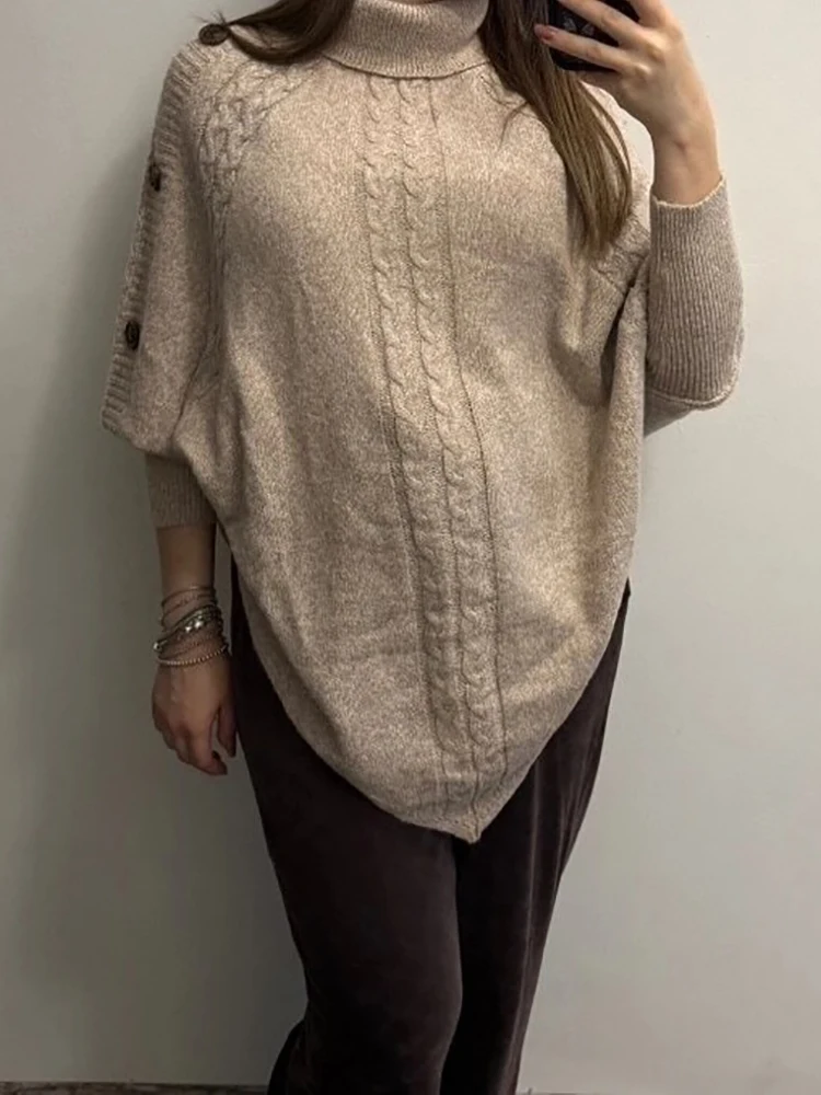 Retro Elegant Cable Knit Sweater Turtleneck Button Dolman Sleeve Women Knitwear Stylish Sweet Date Casual Autumn Streetwear